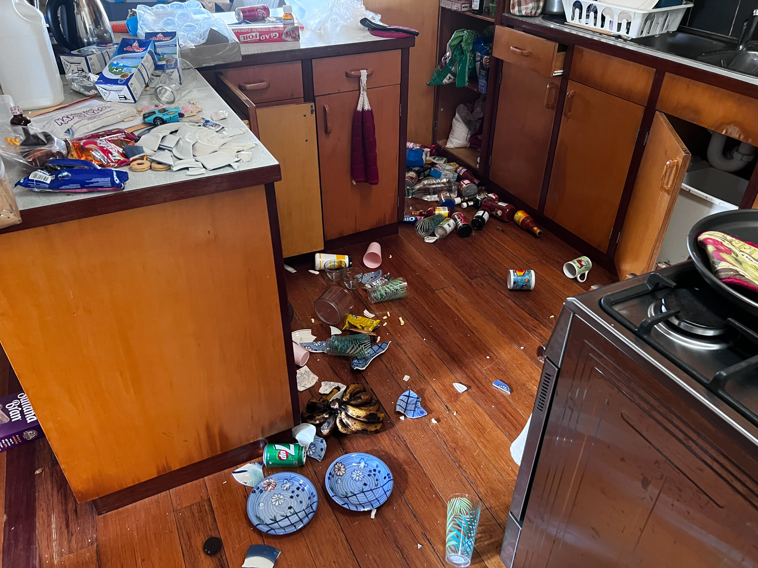 Broken dishes scattered on the floor